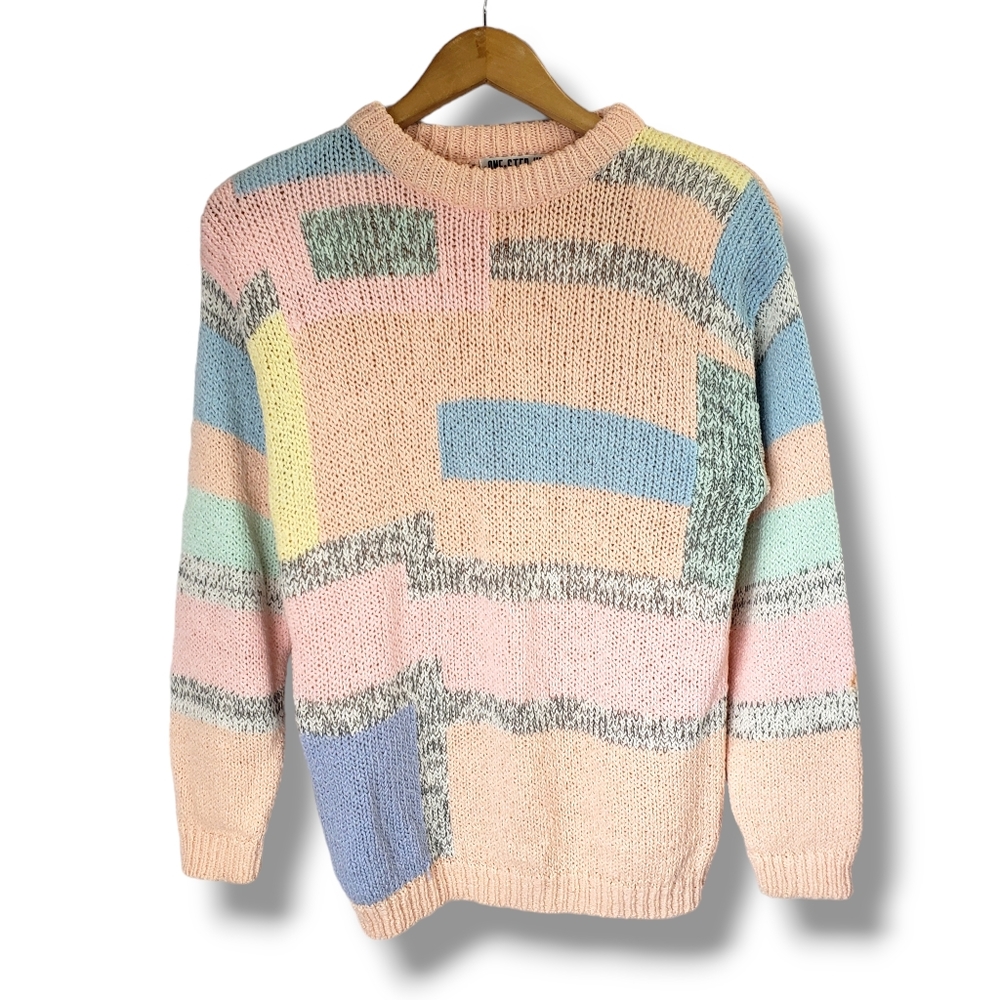Vintage 80s 90s Pastel Colorblock Kidcore Geometric Sweater Size Small